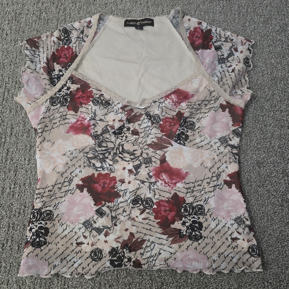 Almost Famous L Floral Mesh Top Lace Trim Y2K Coquette Fairy Grunge Romantic